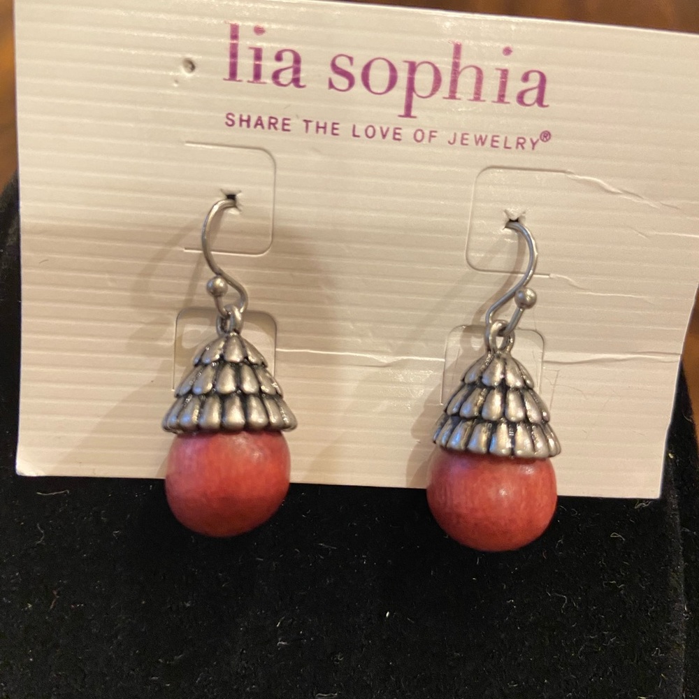 Lia Sophia Acorn pierced earrings wood with antiqued silvertone setting on wires